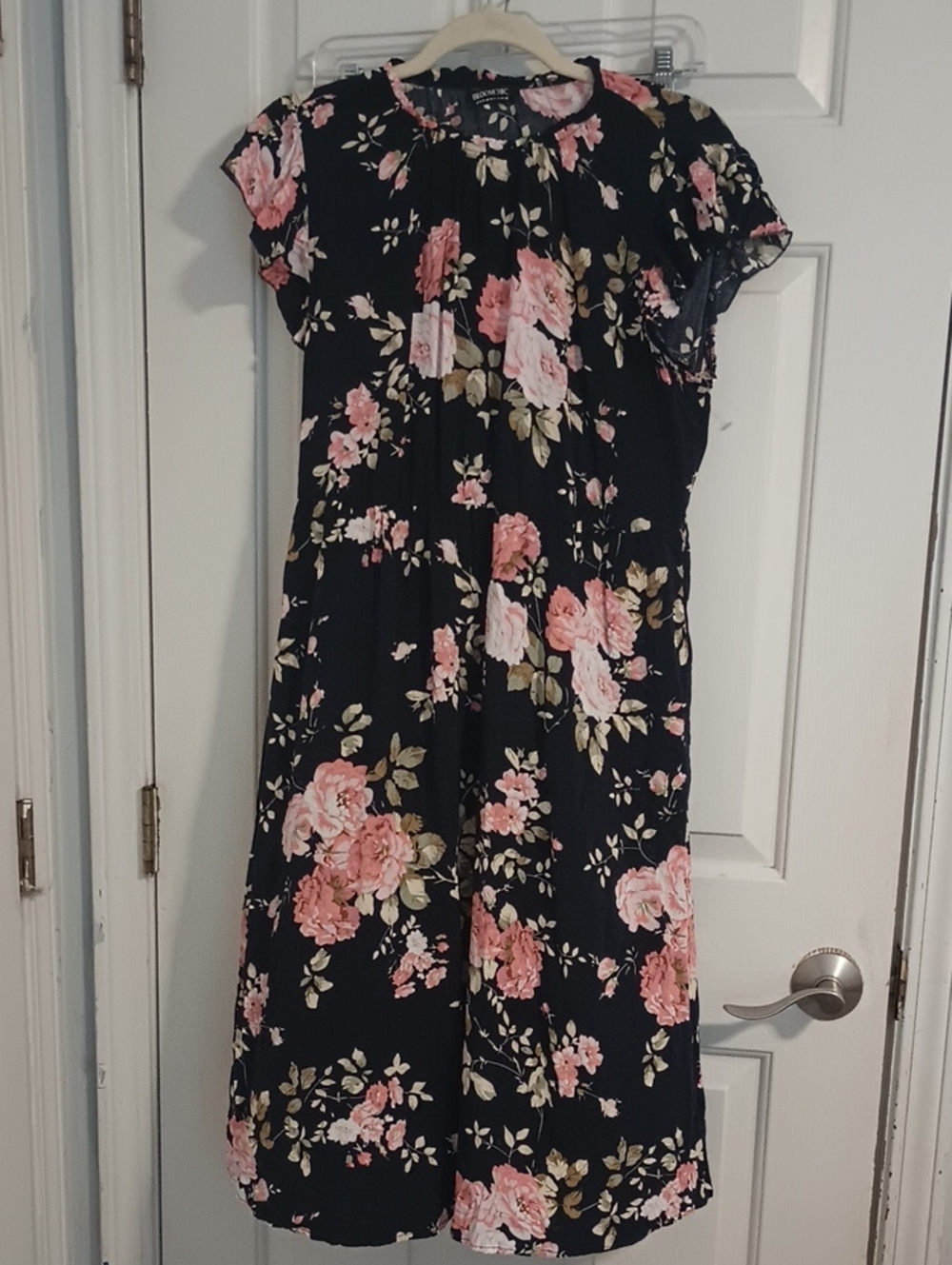 BloomChic Black Floral Midi Dress with Pink and Cream Roses